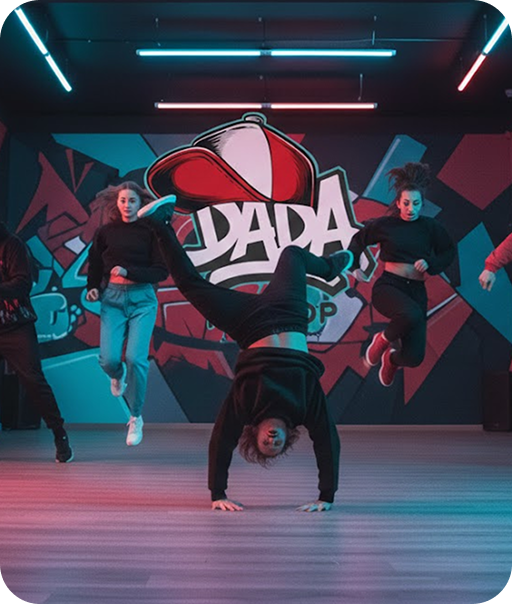 Danseur breakdance sous logo Dada